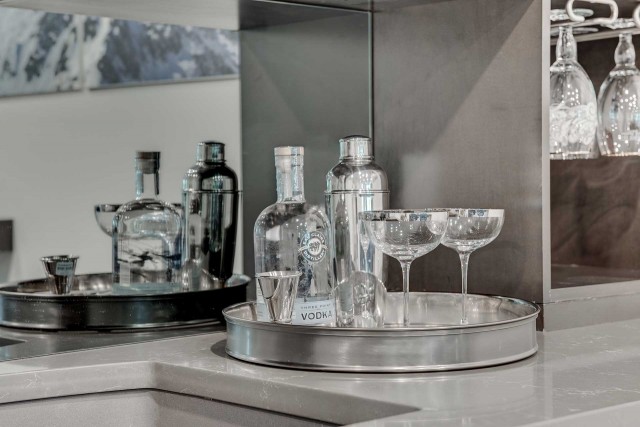 vodka bottle on tray with shaker and two martini glasses